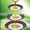 New flower design ceramic 3 layer cake stand plate with gold plated stainless steel handle