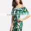 2017 summer women sexy green leaves printed word collar lotus leaf dress