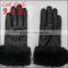 Fashion Lady leather glove wth rabbit Fur and back of three lines