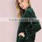 Women Smooth Velvet Bomber Jacket Hunter Green Zip Up Coat With Ribbed Cuff And Collar