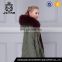 Classical khaki green shell with wine fur collar and lining for women