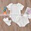 Solid color short-sleeved baby romper shorts  headband three-piece suit