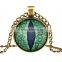 Vintage Jewelry Dragon Cat Eyes Glass Cabochon Round Pendant Chain Necklace