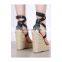 women unique cheap price good quality high heels contrast color cross belts ankle buckle wedges platform sandals shoes(LAJWG0003