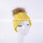 Bright yellow knitting beanie hats with big fur pompoms for winter warm KZ160075