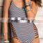 ladies black and white stripe and side black strap one-piece swimwear