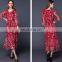 star patterned fashionable long sleeve red chiffon long dress with waistband