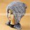 Wholesale hand made lady knitted mink fur fox fur pom pom hat for women