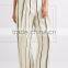 Wholesale Women Apparel Cream-color and Dark-green Striped Cotton and Linen-blend Wid-leg Pants(DQE0386P)