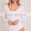 Sexy Tight Ladies Jumpsuit With High Leg Basic White Scoop Neck Thong Bodysuit Long Sleeve