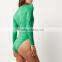 High Quality Suede Lace-Up Women Long sleeves Green Bodysuit