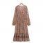 New French retro printed V-neck elegant slimming A-line layered decorative print MIDI dress