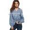 Clothes Women Blouse Long Sleeve 2017 Loose Shirt Blue Cutout Zip Up Knot Front Chambray Blouse