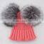Myfur European Style Silver Fox Fur Big Pom Poms Wool Ribbed Knit Hat