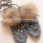 New Arrival Ladies Womens Rag Wool Winter Snow Mittens Knitted Warm Natural Raccoon Fur Pompom With Diamonds Gloves Colorful
