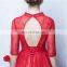 Custom Made V Neck 1/2 Sleeve Red A Line Elegant Lace-up Hollow Lace Beaded Evening Dress