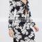 Spring New Women Black Floral Print Chiffon Dress Long Sleeved Long Maxi Dress