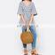 Hot sale sexy V Neck design 1/2 Sleeve Tops kimono style Cotton Blue Striped Women Casual blouse With Self-tie waist belt
