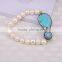 Mother Of Pearl Beaded Gemstone Druzy Bracelet, Natural Turquoise Stone Pave Crystal Rhinestone Jewelry