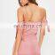 Sexy Pink Tie Sleeve Ruched Hem Bodycon Dress with Plunge Neckline