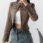 American INS high street retro short slim motorcycle jacket for women in 2025 autumn vintage color leather jacket and suede jacket