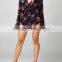 cheap 2015 sexy ladies Long bell sleeve Deep V neck print floral plus size loose short chiffon playsuit romper jumpsuit