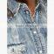 2015 new style picot buttons women ladies summer sleeveless jean jacket JXQ865