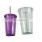 High Quality Acrylic Double Wall Plastic Boba Bubble Tea Cups PP Smoothie Juice Cups with Lids