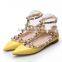 fashion flats yellow lambskin leather close toe golden spike studded side buckles gladiator flats shoes