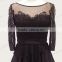 Modest design beaded sleeves tiered waistband short prom black chiffon dress