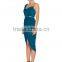 Lady's silk crepe de chin royal blue colour drape evening dress style