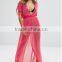 Summer New Style Pink Plain Split Front Deep V Neck Chiffon Maxi Beach Kaftan with Self Belt