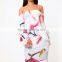 Ruffle flare sleeve digital floral print off shoulder bodycon bardot dress
