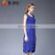 Sleeveless O neck casual blue tea length dress for mature women