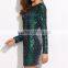 Fashion Luxury Formal Mini Dress Round Neck Long Sleeve Bodycon Dress Open Back Iridescent Beaded Sequins Club Dresses