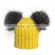 Myfur Yellow Color Wool Knitting Beanie Hat with Genuine Silver Fox Fur Pompoms