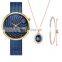 Shengke 2021 New Fashion Ladies Watches Set Alloy Case Steel Mesh Band Blue Wristwatch Gift Set Earing Necklace Accessory