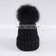 Winter Fashion Big Size Real Fox Fur Pompom Knitted Lady Wool Cap