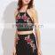 Two piece set women dress 2017 black embroidered rose applique suede halter top with skirt