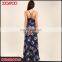 Summer navy blue floral print strap women long dress beach ruffle maxi dress