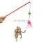 Plastic pet cat stick teaser toy with feather bells for playing
