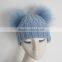 Myfur Baby Blue Wool Crochet Knitted Hats with Double Removable Raccoon Fur Balls
