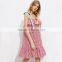 Cute ruffled hem self tie dress, ladies red cotton sleeveless dress