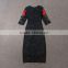 2015 Newest Name Brand Elegant Slim Fit Half Sleeves Mid-Calf Length Red Carnation Embroidery Vintage Women Black Lace Dress