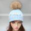 Hand made jumbo raccoon fur ball girl hats real pompom knitted hats