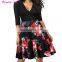 2017 Autumn Women's V Neck A-Line Office Dress Fashion Half Sleeve Vintage Print Dress