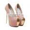 ladies latest handmade good quality shinning fabric high heels peep toe glitter finish platform sandals shoes