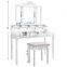 vanity table set, tri-folding necklace hooked mirror 6 organizers makeup dressing makeup desk with drawers cushioned stool