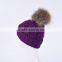High fashion wool knitting hat with fur ponpon ball on top purple color KZ160075