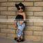 Children's clothing ins summer girl's meat powder one-shoulder top + ripped jeans headwear suit